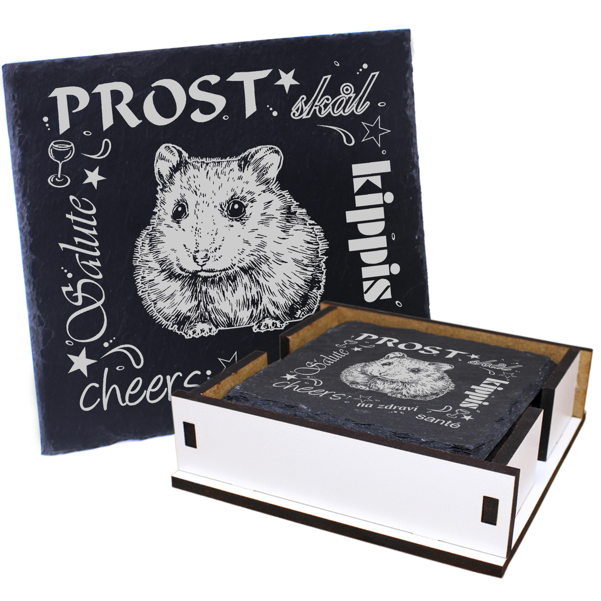 5 x Schiefer Untersetzer - Prost Hamster - inkl. Holzbox & Flaschenuntersetzer