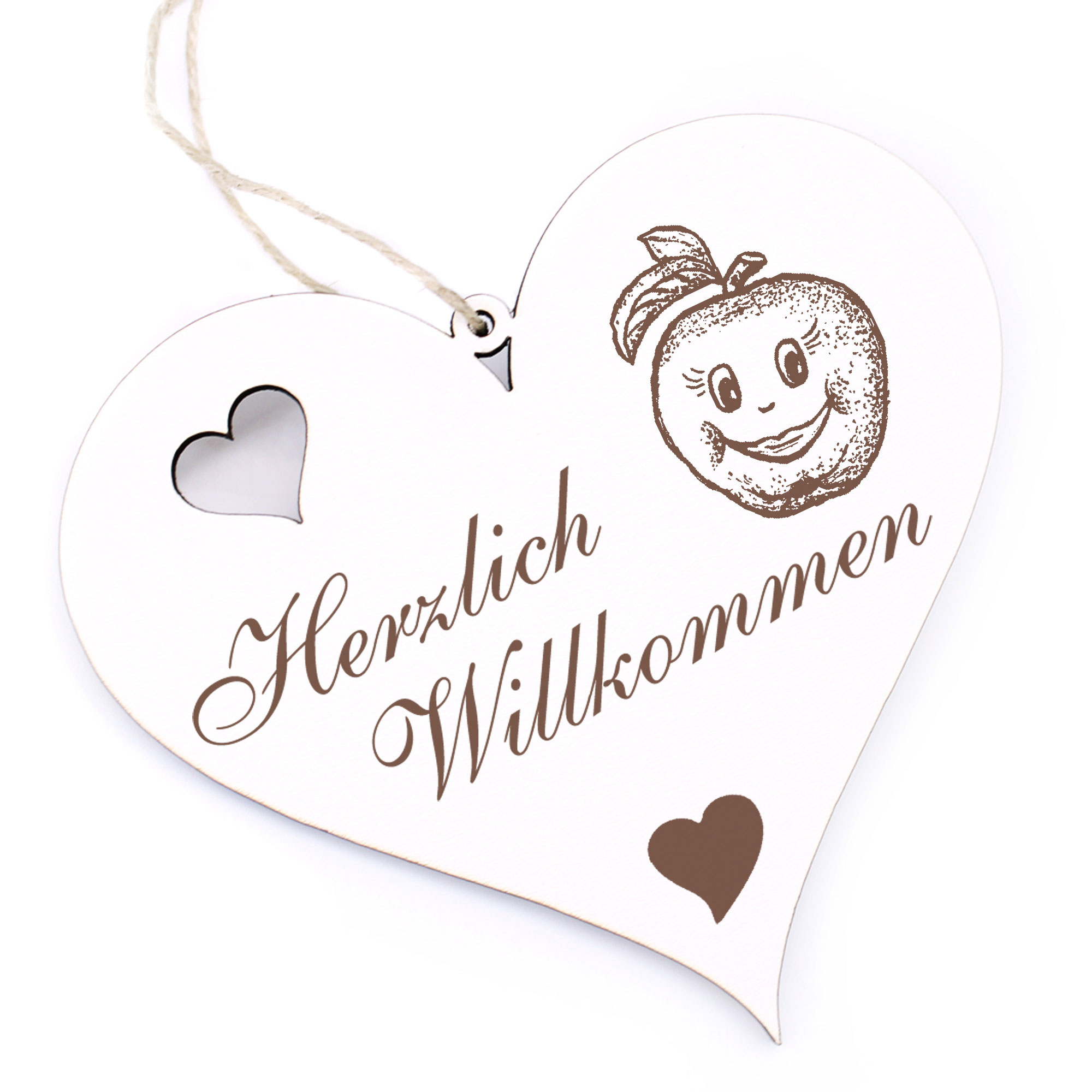 Herzlich Willkommen Schild - Apfel mit Gesicht - Deko Herz Holz