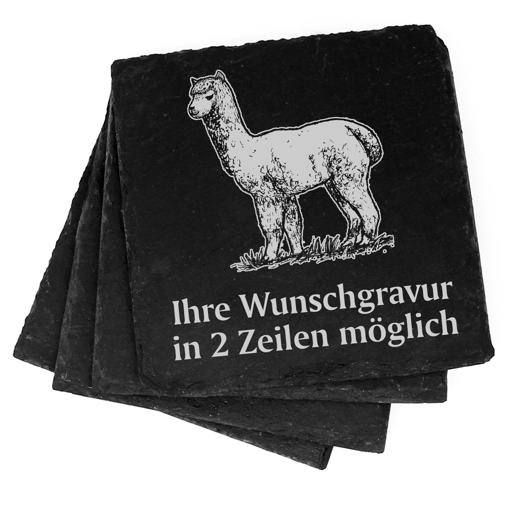 4x Alpaka Lama auf einer Wiese Deko Schiefer Untersetzer Wunschgravur Set - 11 x 11 cm