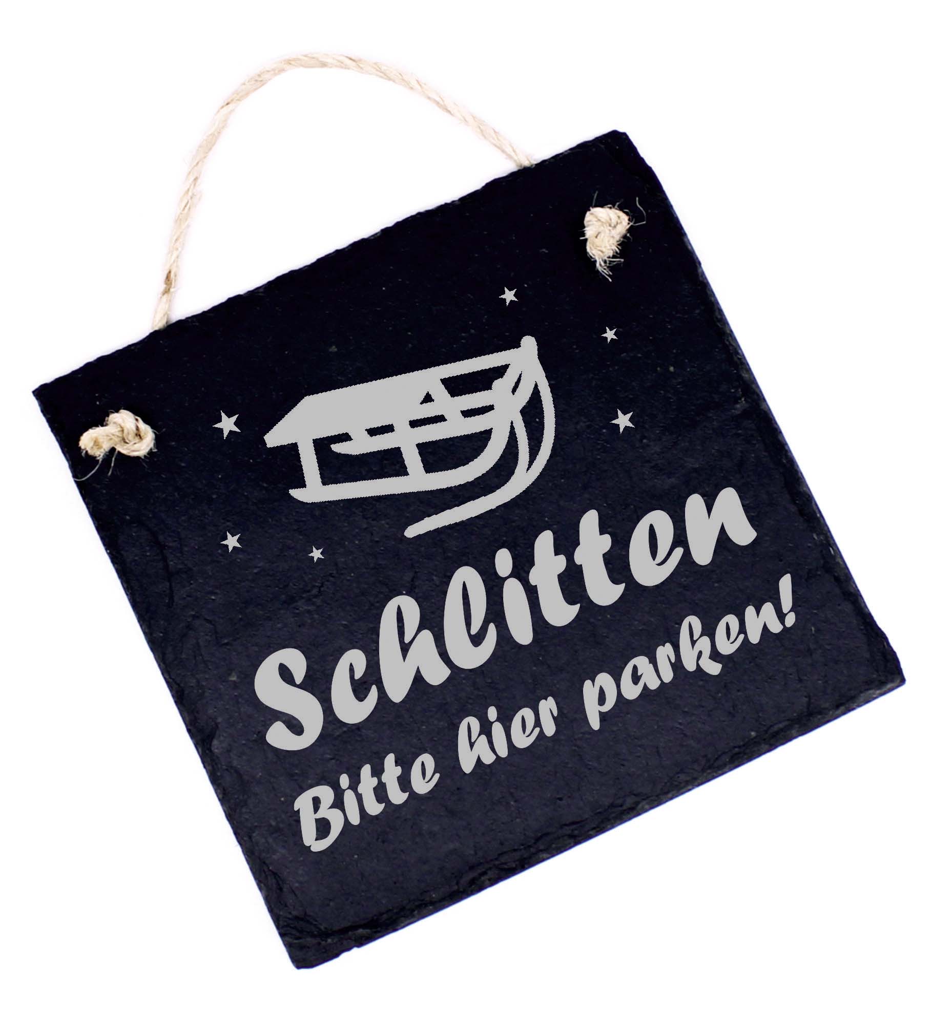 Schild Rodeln Schlitten, Bitte hier parken! Rodel Schlittenparkplatz Türschild Schiefer 11 x 11 cm