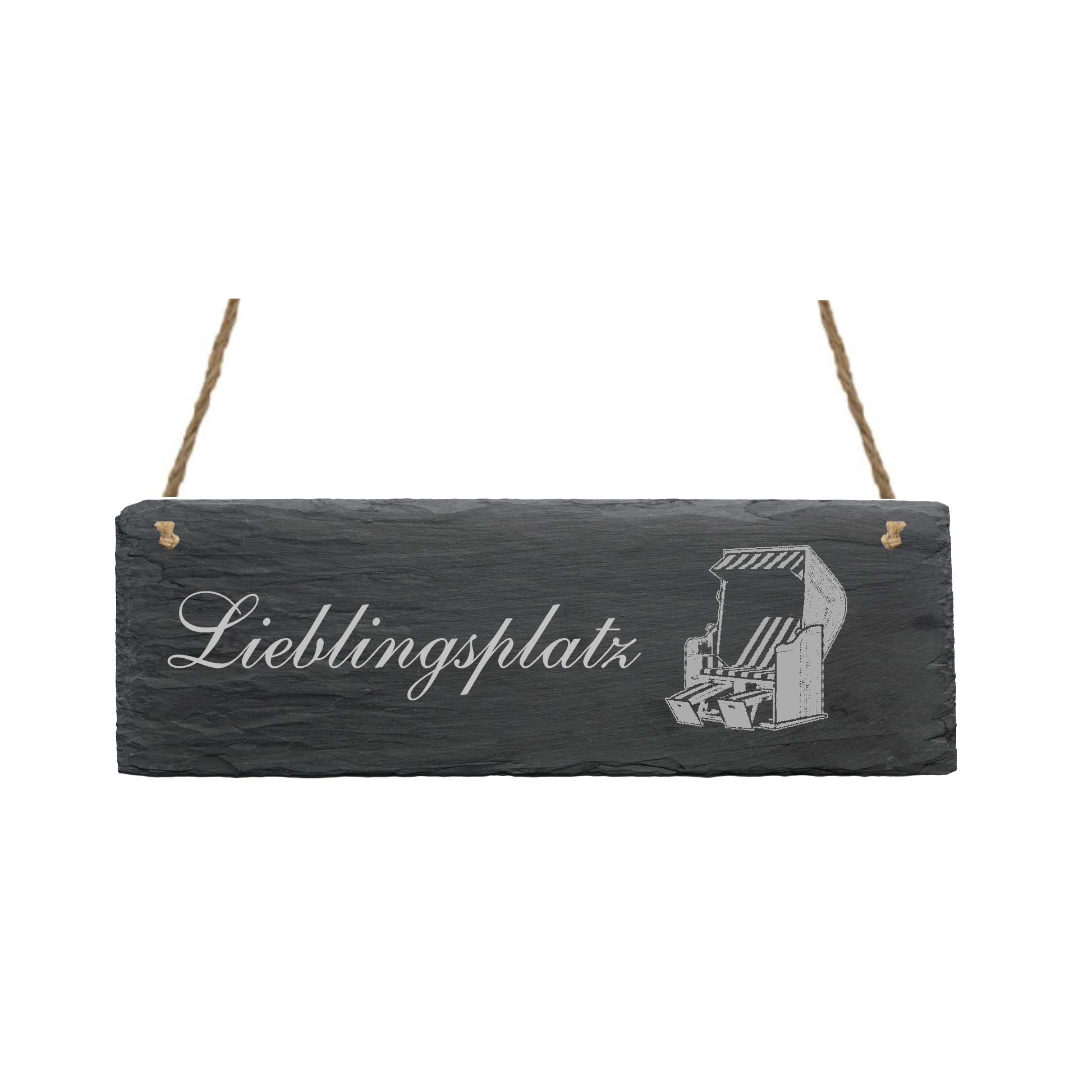 Schild « LIEBLINGSPLATZ » mit Motiv STRANDKORB - 22 x 8 cm - aus Schiefer