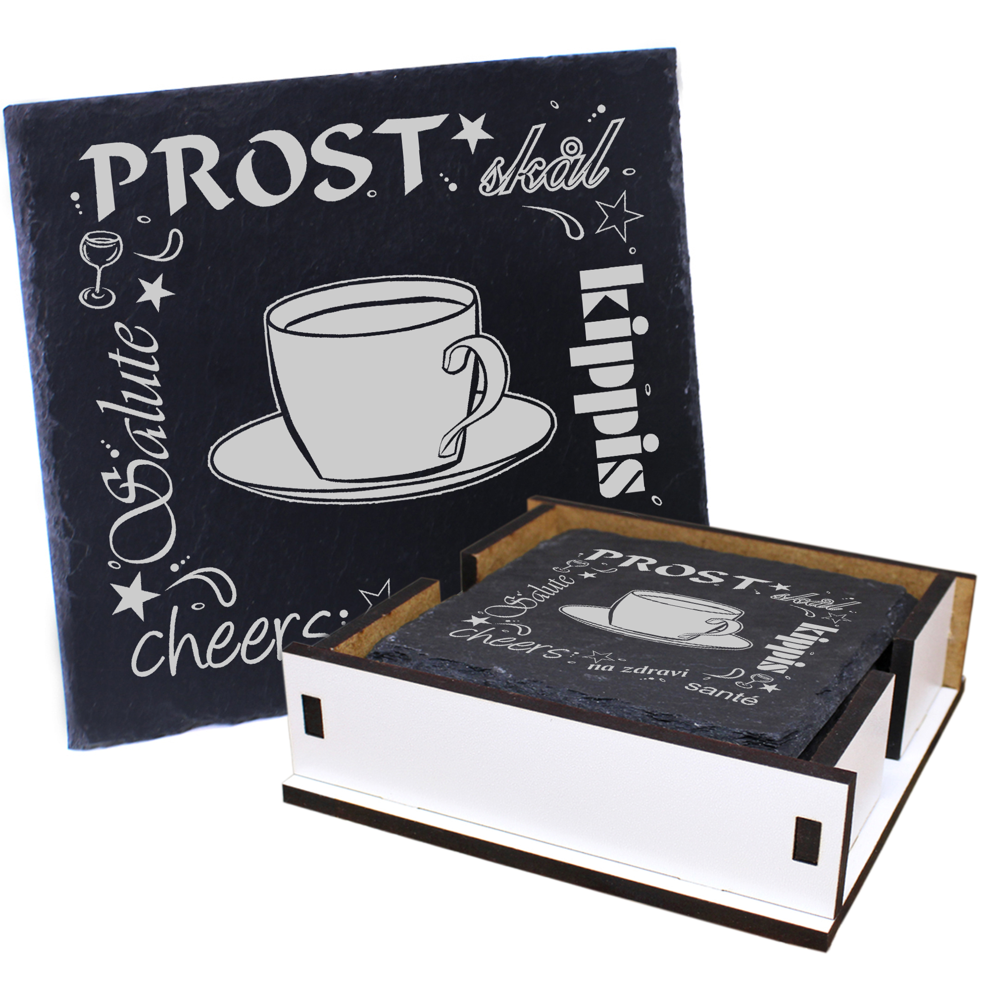 5 x Schiefer Untersetzer - Prost Kaffeetasse - inkl. Holzbox & Flaschenuntersetzer