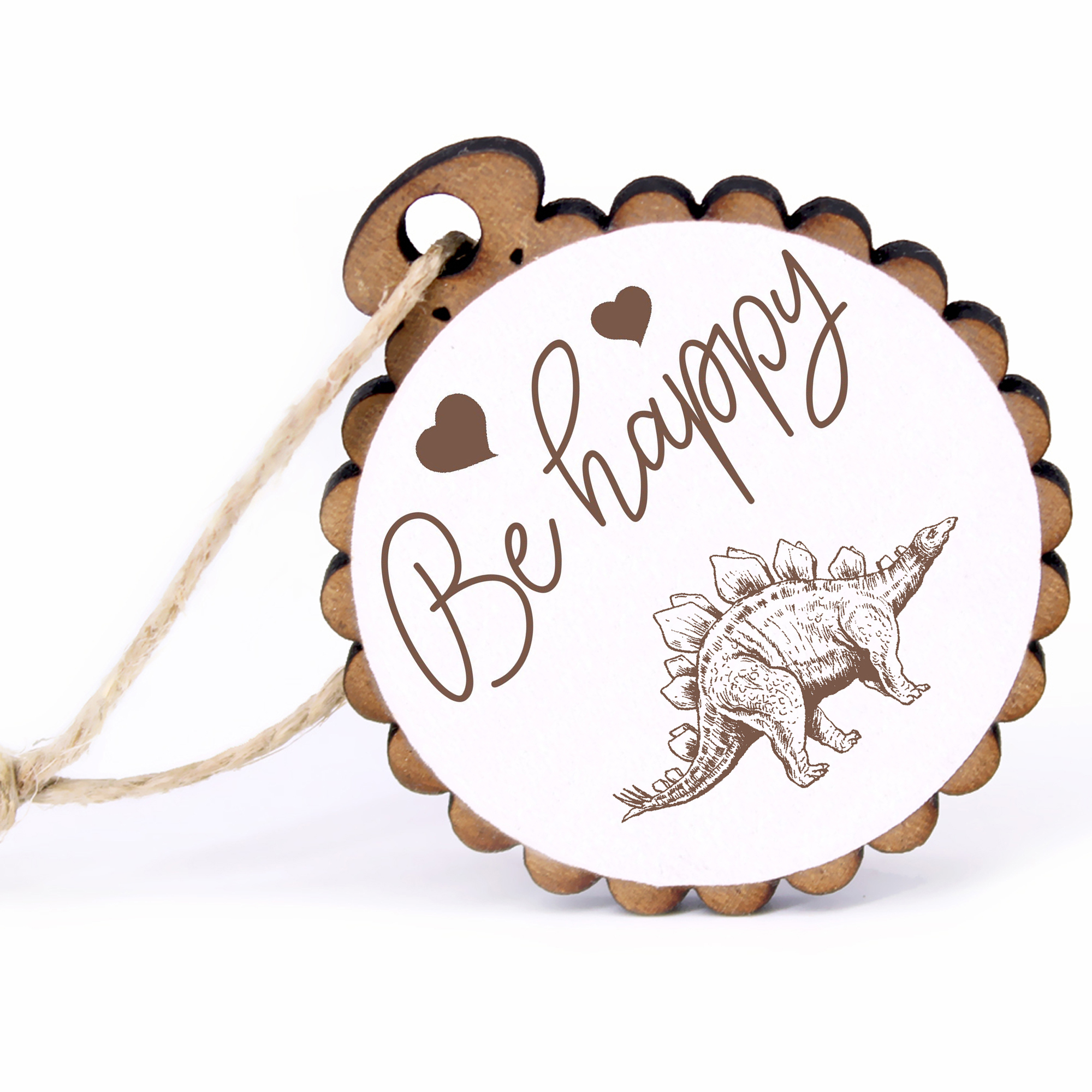 Geschenkanhänger - Be Happy Dinosaurier Stegosaurus -  Holz Ø-5cm - mit Juteband