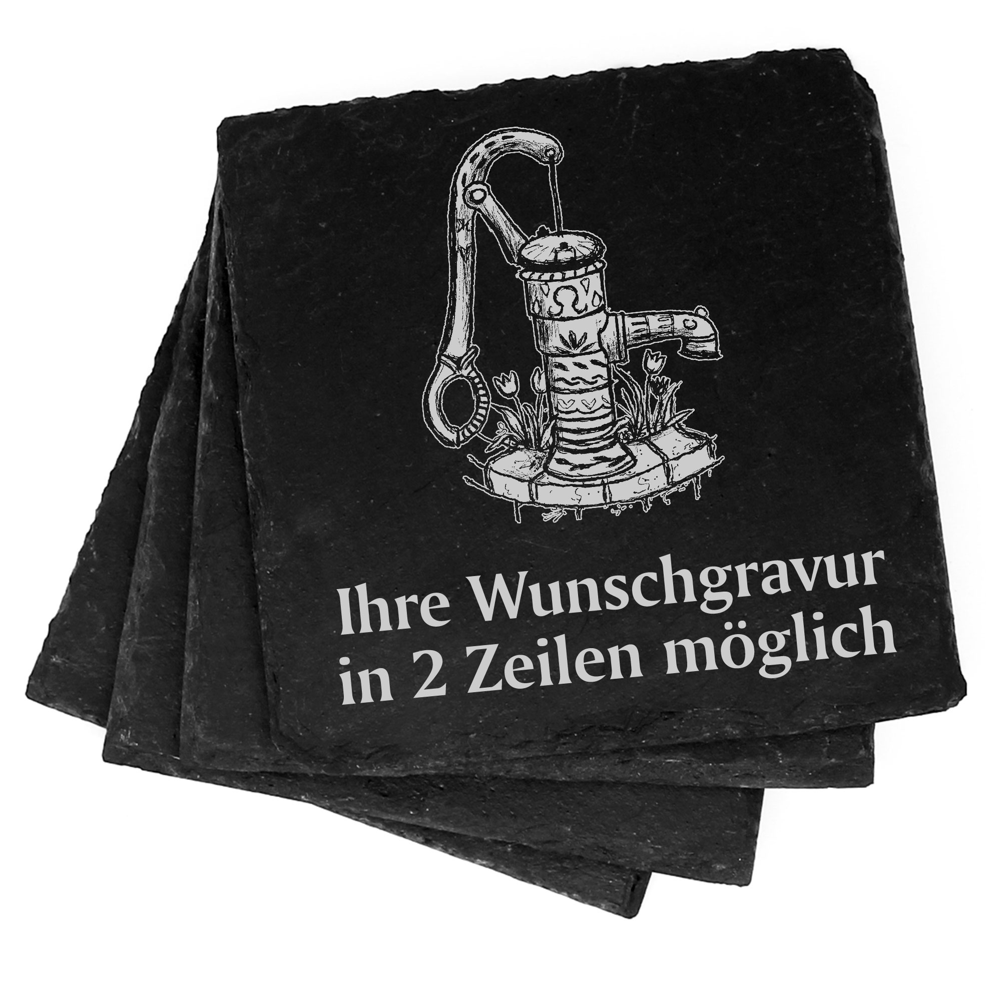 4x alter Brunnen Deko Schiefer Untersetzer Wunschgravur Set - 11 x 11 cm