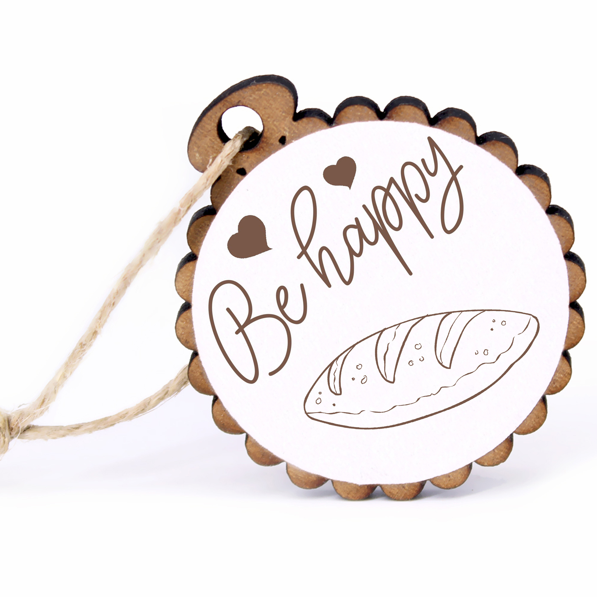 Geschenkanhänger - Be Happy Brot -  Holz Ø-5cm - mit Juteband