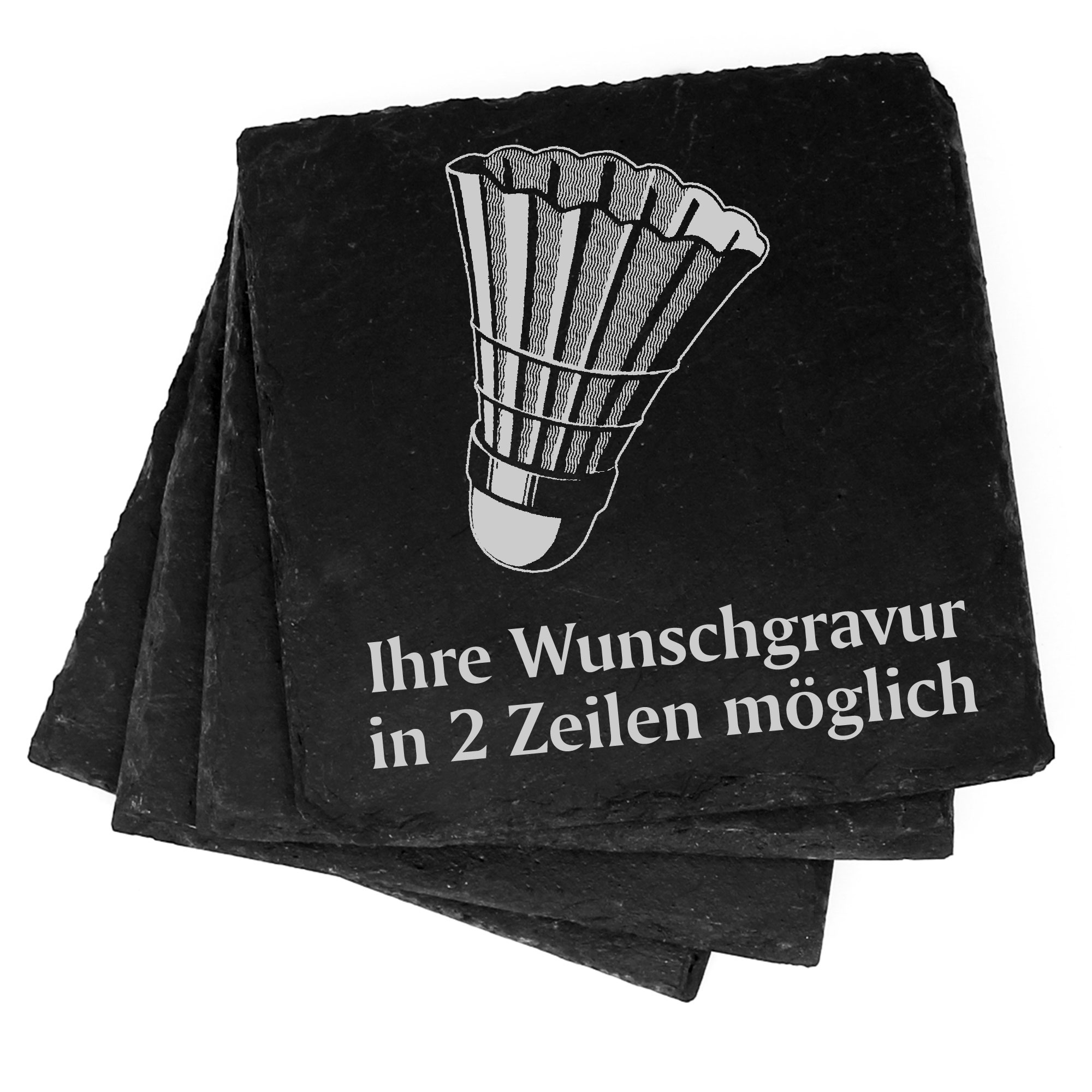 4x Badminton Federball Deko Schiefer Untersetzer Wunschgravur Set - 11 x 11 cm