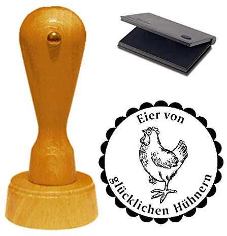 Stempel Eier von glücklichen Hühnern mit Motiv stolzes Huhn Ø 40 mm - inkl. Kissen