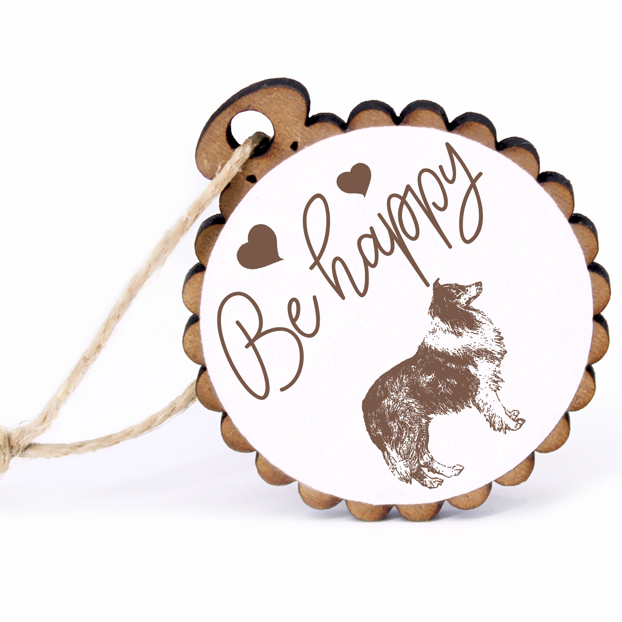 Geschenkanhänger - Be Happy Collie -  Holz Ø-5cm - mit Juteband