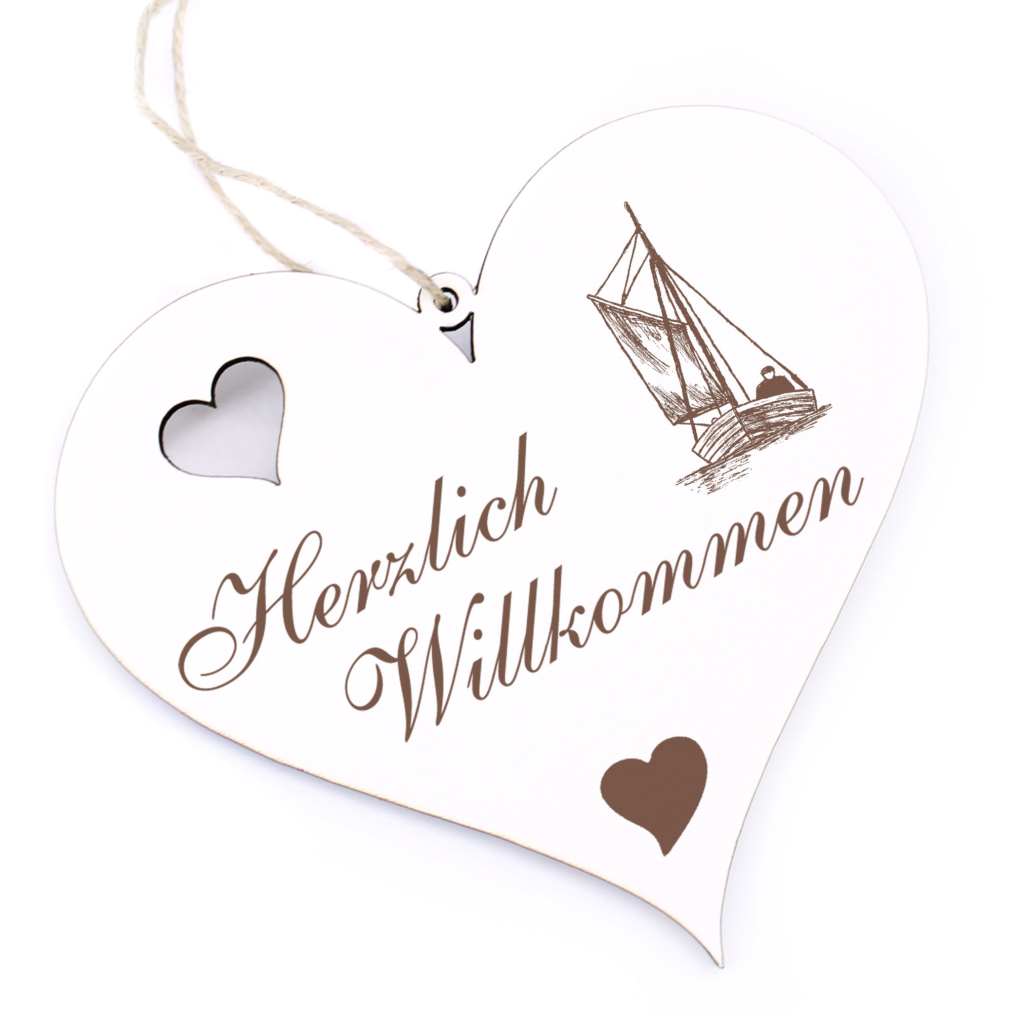 Herzlich Willkommen Schild - Zeesenboot - Deko Herz Holz