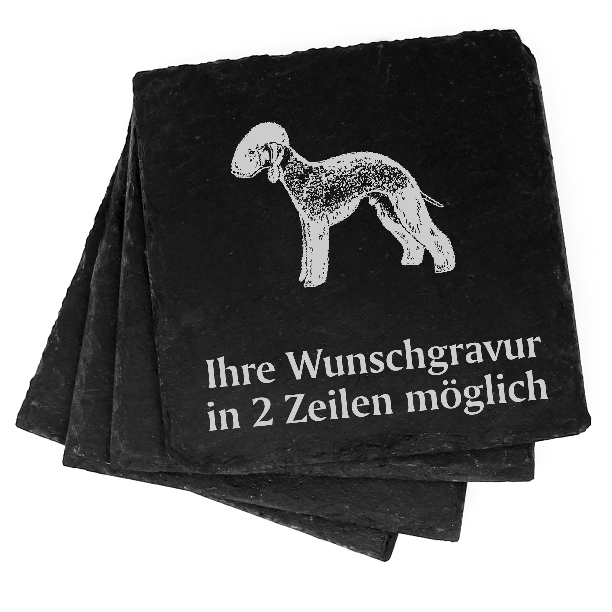 4x Bedlington Terrier Deko Schiefer Untersetzer Wunschgravur Set - 11 x 11 cm