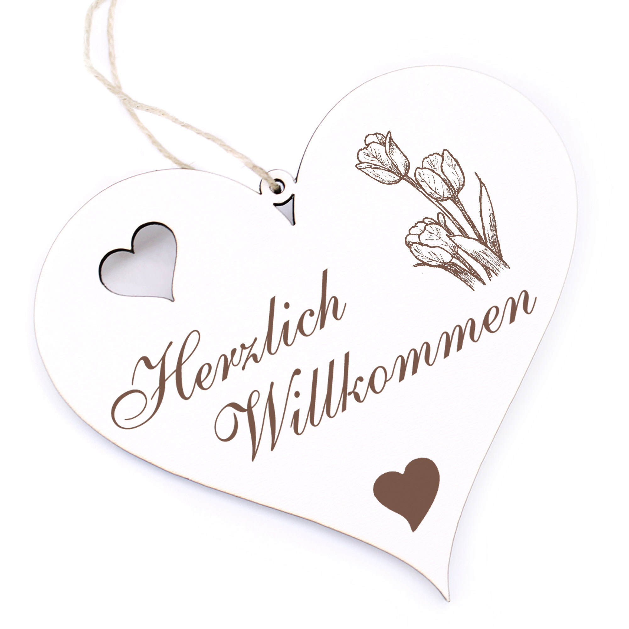 Herzlich Willkommen Schild - drei Tulpen - Deko Herz Holz