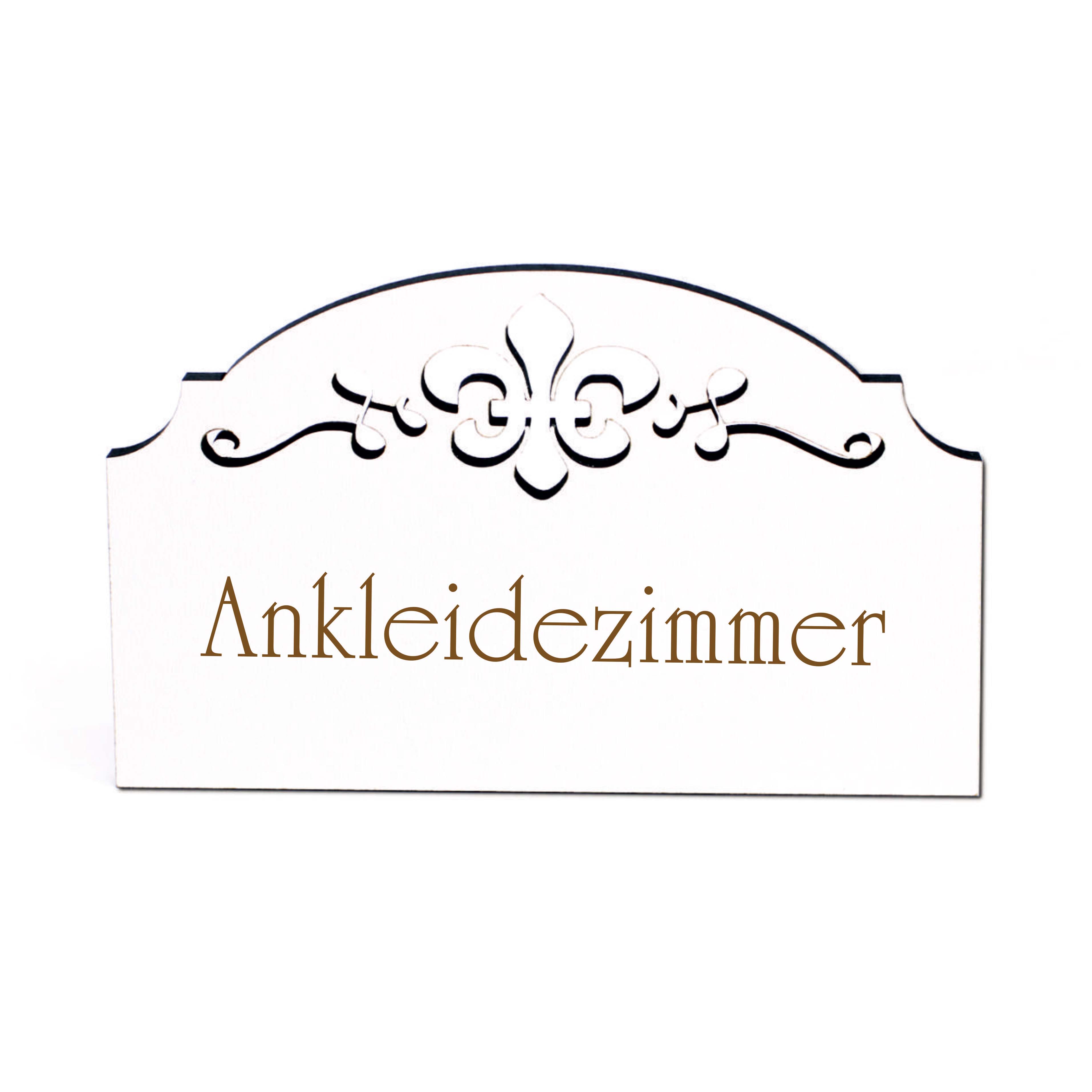 Ankleidezimmer Schild Holz graviert Ornamente selbstklebend Ankleide Umkleide Dekoschild 15,5 x 9,5