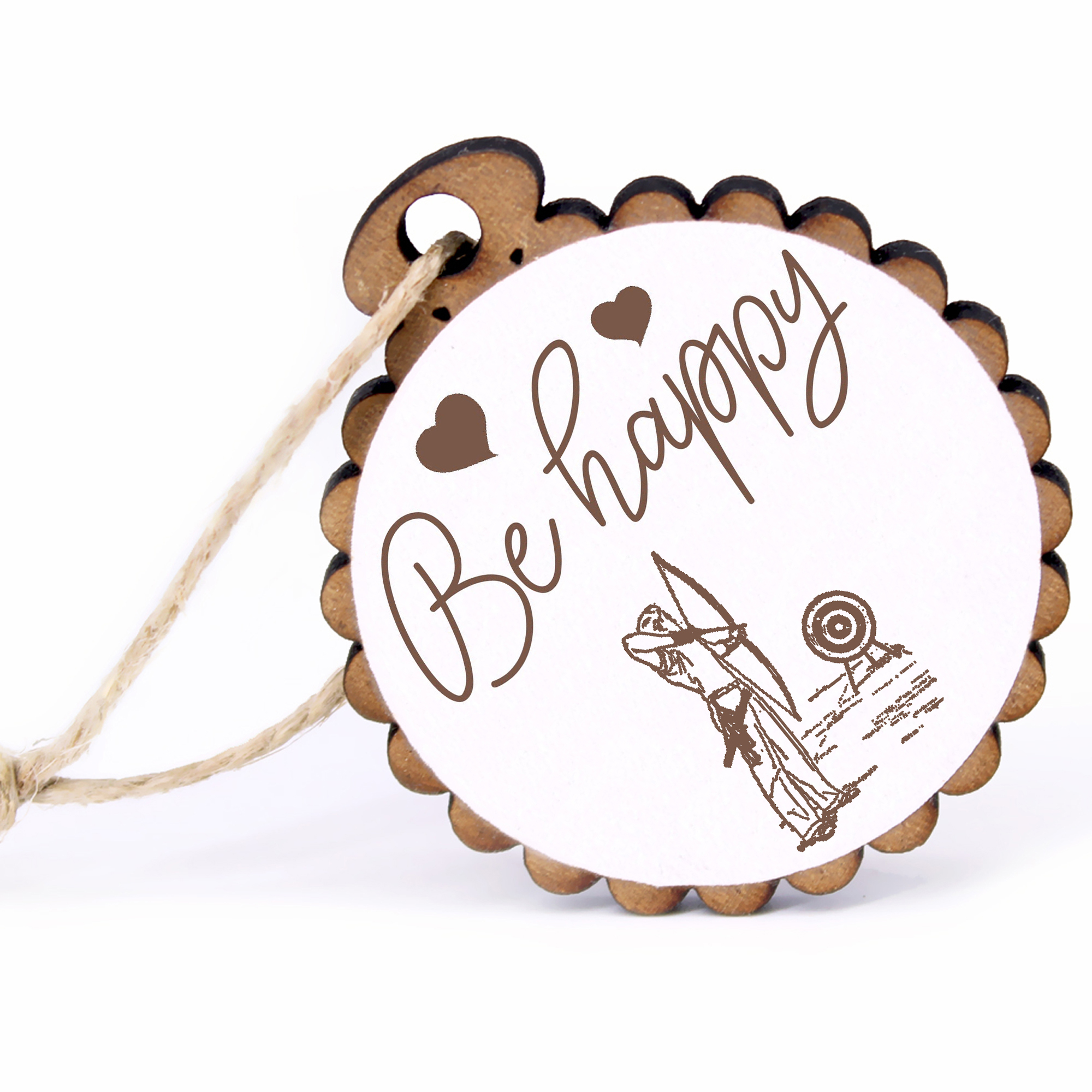 Geschenkanhänger - Be Happy Bogenschießen -  Holz Ø-5cm - mit Juteband