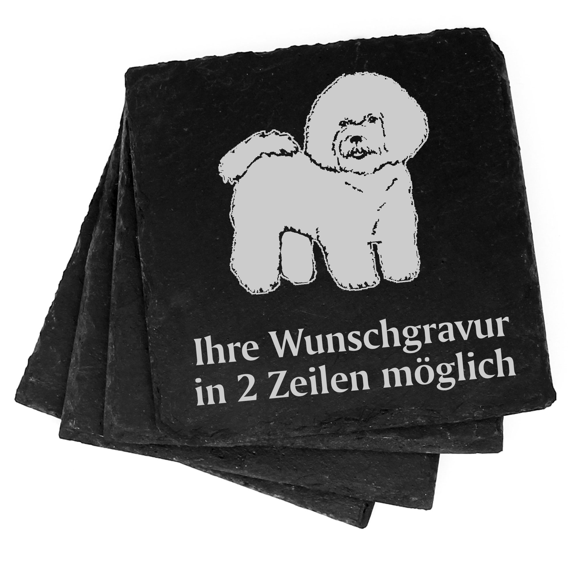 4x Bichon Frisé Deko Schiefer Untersetzer Wunschgravur Set - 11 x 11 cm