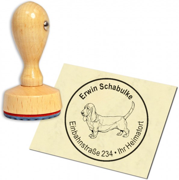 Stempel Adressstempel Holzstempel - Basset Hound - rund 40mm