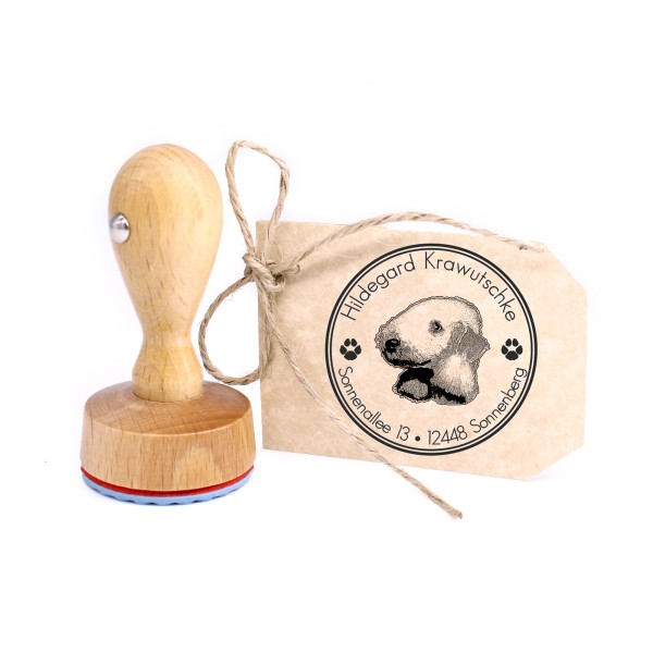 Stempel personalisiert Bedlington Terrier Hund Hunde rund 40mm Adressstempel Holzstempel