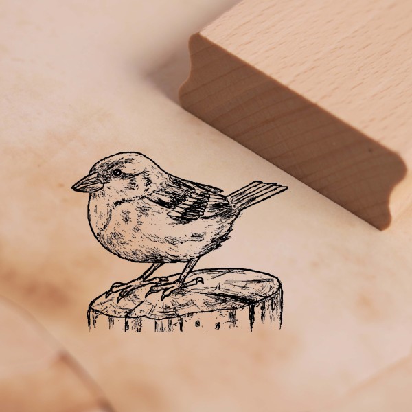 Motivstempel Spatz Sperling auf Baumstamm - Stempel Holzstempel 46 x 38 mm