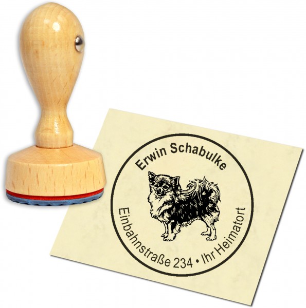 Stempel Adressstempel Holzstempel - Langhaar Chihuahua - rund 40mm