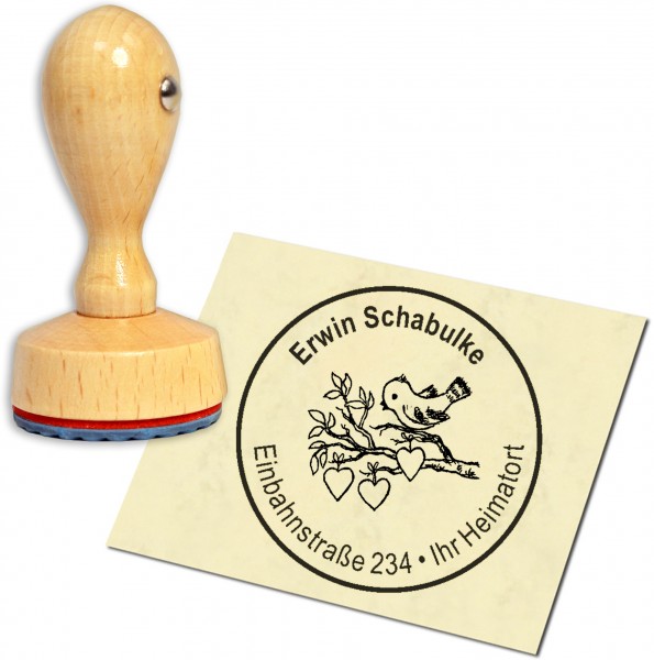 Stempel Adressstempel Holzstempel - Vögelchen mit Herzen - rund 40mm