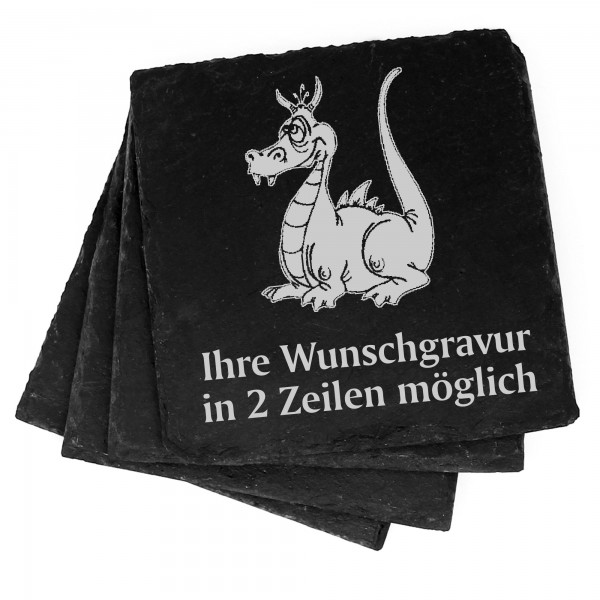 4x lustiger Drache Deko Schiefer Untersetzer Wunschgravur Set - 11 x 11 cm