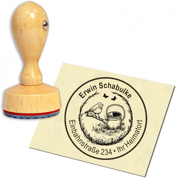 Stempel Adressstempel Holzstempel - Vogel auf Gießkanne - rund 40mm