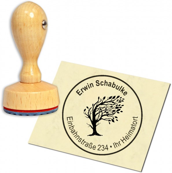 Stempel Adressstempel Holzstempel - Baum im Wind - rund 40mm