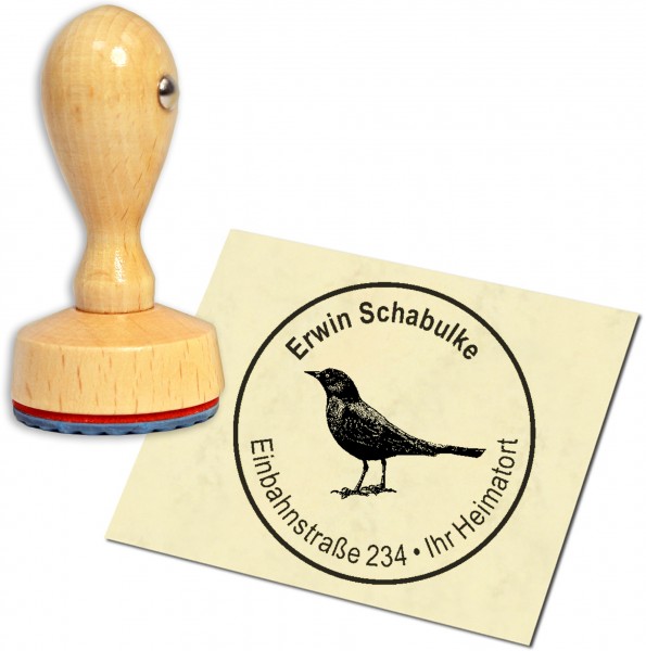 Stempel Adressstempel Holzstempel - Amsel Schwarzdrossel - rund 40mm