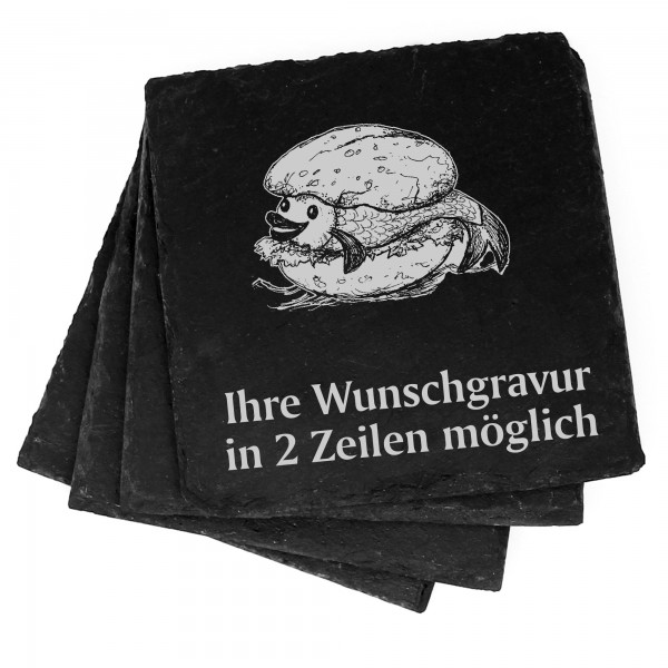 4x lustiges Fischbrötchen Deko Schiefer Untersetzer Wunschgravur Set - 11 x 11 cm