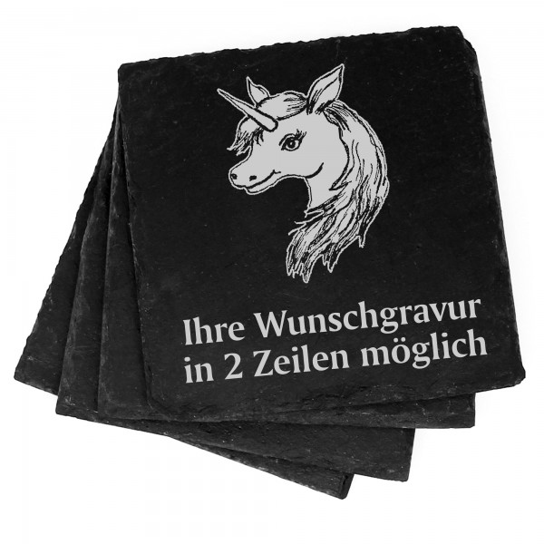 4x Einhornkopf Deko Schiefer Untersetzer Wunschgravur Set - 11 x 11 cm