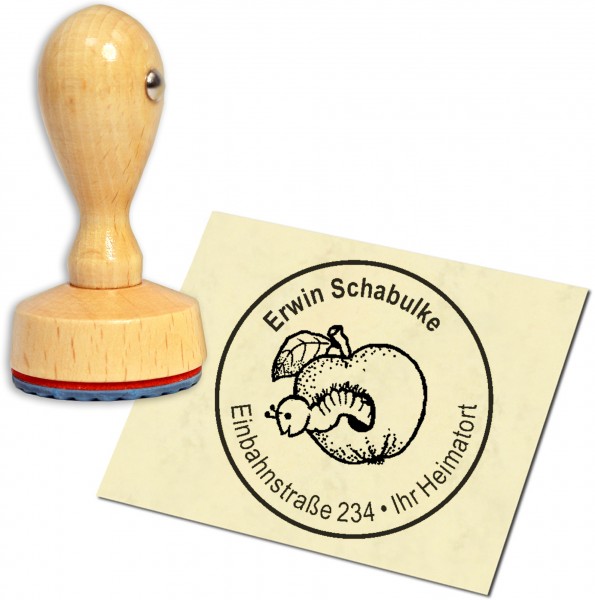 Stempel Adressstempel Holzstempel - Apfel mit Wurm - rund 40mm