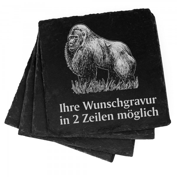 4x Gorilla im Gras Deko Schiefer Untersetzer Wunschgravur Set - 11 x 11 cm