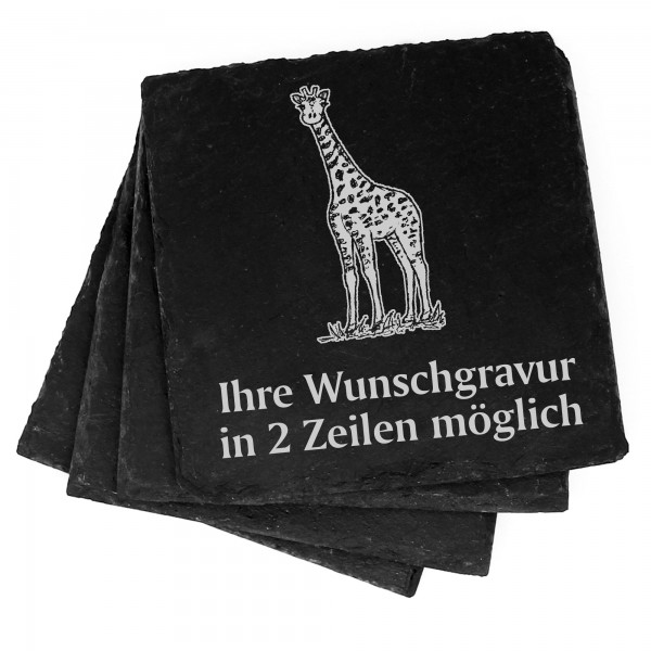 4x Giraffe auf Gras Deko Schiefer Untersetzer Wunschgravur Set - 11 x 11 cm