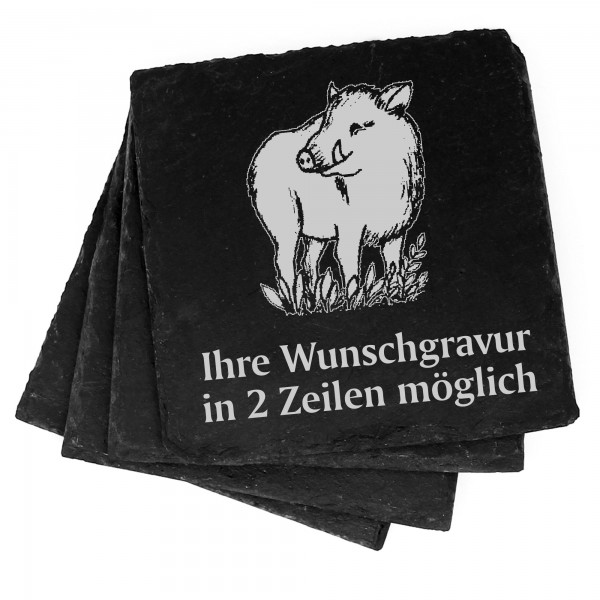 4x niedlicher Keiler Wildschwein Deko Schiefer Untersetzer Wunschgravur Set - 11 x 11 cm