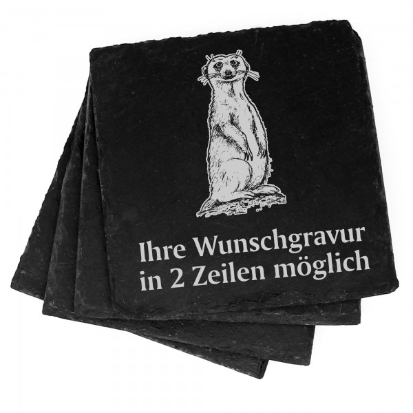 4x stehendes Erdmännchen Deko Schiefer Untersetzer Wunschgravur Set - 11 x 11 cm