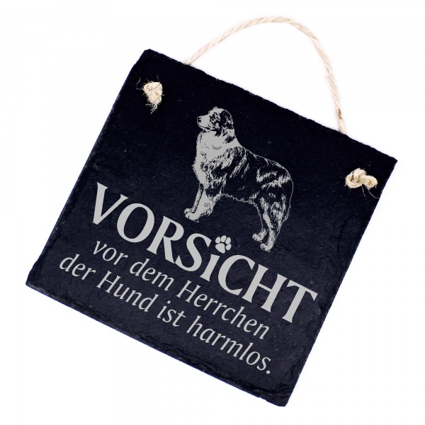 Hundeschild Australian Shepherd Schild aus Schiefer - Vorsicht vor dem Herrchen - 11cm x 11cm