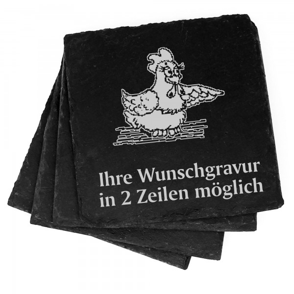 4x niedliche Henne Deko Schiefer Untersetzer Wunschgravur Set - 11 x 11 cm