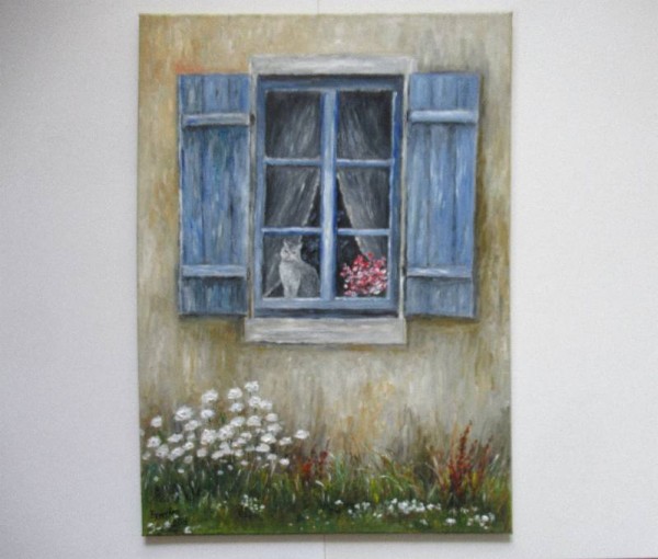 Ölgemälde Fenster Hauswand Mauer Katze - 50 x 70 cm - Malerei Landschaft - Unikat 66.23