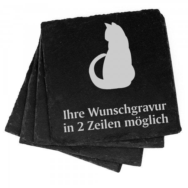 4x Katze Silhouette Deko Schiefer Untersetzer Wunschgravur Set - 11 x 11 cm