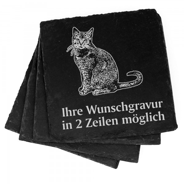 4x Hauskatze Deko Schiefer Untersetzer Wunschgravur Set - 11 x 11 cm