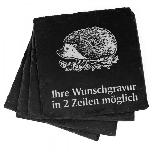 4x Igel auf Wiese Deko Schiefer Untersetzer Wunschgravur Set - 11 x 11 cm