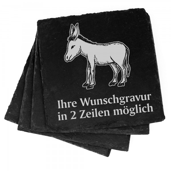 4x niedlicher Esel Deko Schiefer Untersetzer Wunschgravur Set - 11 x 11 cm