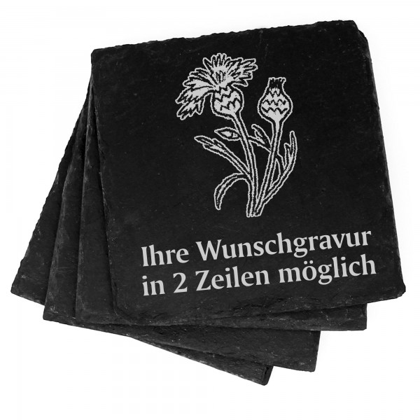 4x Kornblume Deko Schiefer Untersetzer Wunschgravur Set - 11 x 11 cm