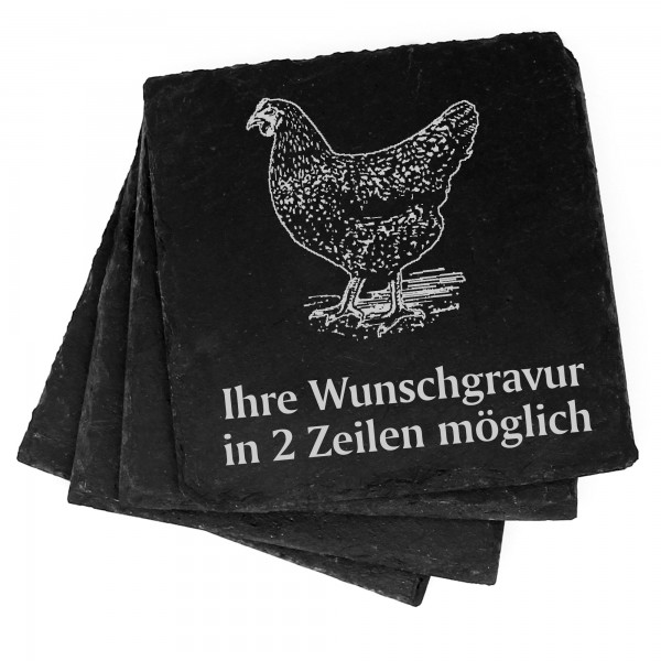 4x dunkles Huhn Deko Schiefer Untersetzer Wunschgravur Set - 11 x 11 cm