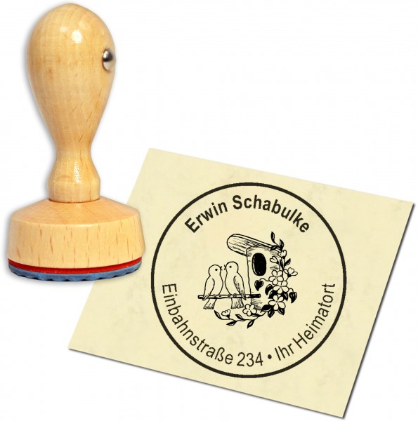 Stempel Adressstempel Holzstempel - Vogelhaus mit Vögeln - rund 40mm