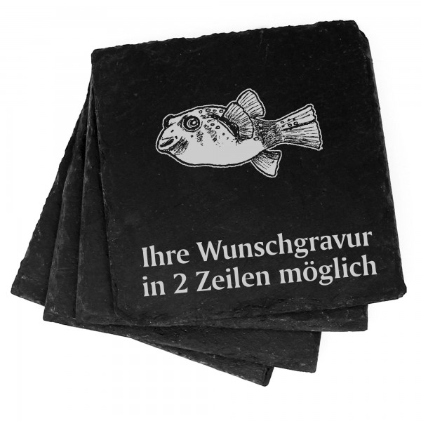 4x Kugelfisch Deko Schiefer Untersetzer Wunschgravur Set - 11 x 11 cm