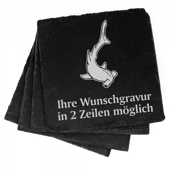 4x Hammerhai Deko Schiefer Untersetzer Wunschgravur Set - 11 x 11 cm