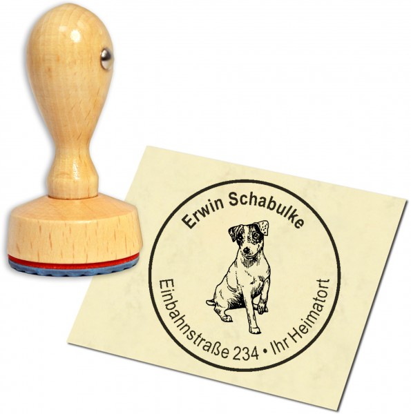 Stempel Adressstempel Holzstempel - sitzender Jack Russell Terrier - rund 40mm