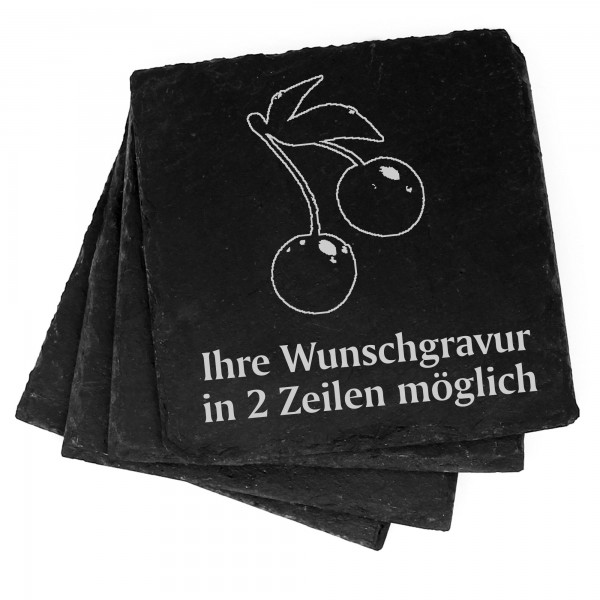 4x Kirsche Deko Schiefer Untersetzer Wunschgravur Set - 11 x 11 cm