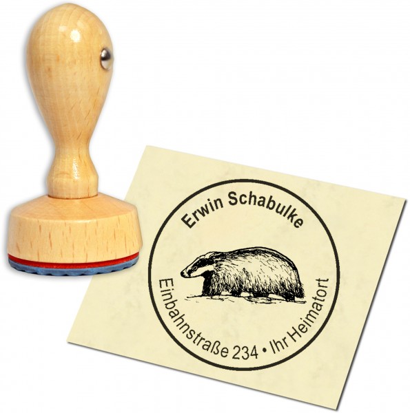 Stempel Adressstempel Holzstempel - Dachs auf Sand - rund 40mm