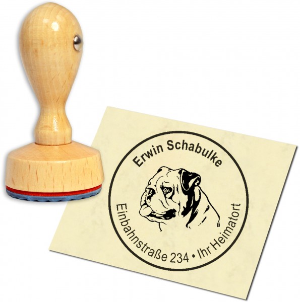 Stempel Adressstempel Holzstempel - Englische Bulldoge - rund 40mm